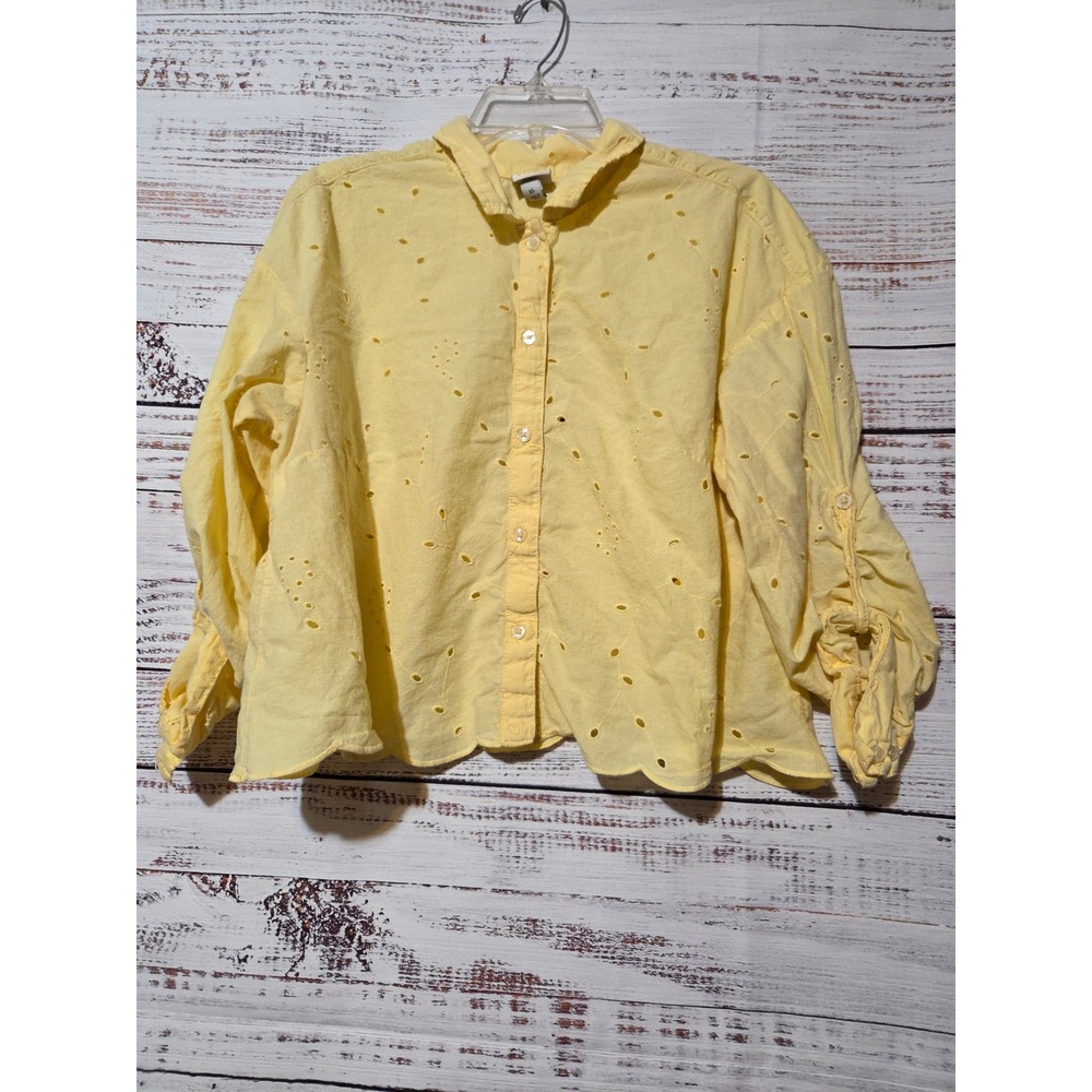 A New Day Womens Yellow Eyelet Cotton Button Down Shirt Scallop Hem XL